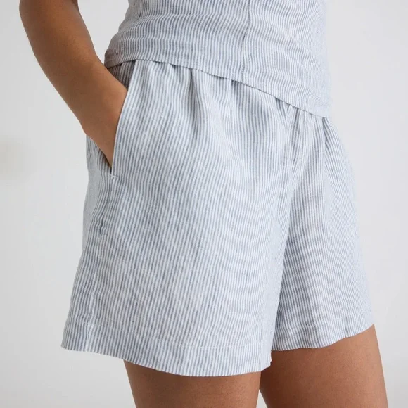 Quince European Linen High Waisted Shorts Womens Size Large Coastal Beach Stripe - Picture 1 of 11